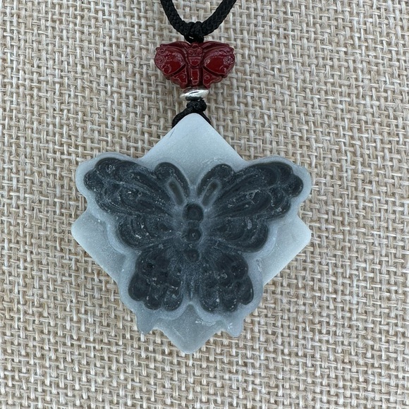 Tai Chi Stone Butterfly Pendant Necklace with Silver and Cinnabar on Rope - Picture 5 of 12